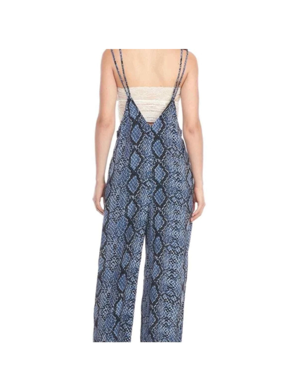 Free People Blue Reptile Print Strappy Oversized Wide Let Jumpsuit Sz. M - Picture 2 of 16